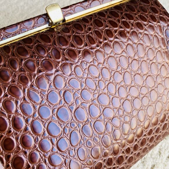 Vintage Lennox Moc Croc Purse Textured Leather Pocketbook Shoulderbag Brown Gold - Picture 8 of 12